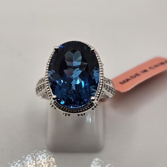 Genuine London Blue Topaz & Diamond Ring in Sterling Silver & Rhodium Size 7! - Picture 13 of 17